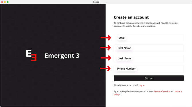 Sign up page